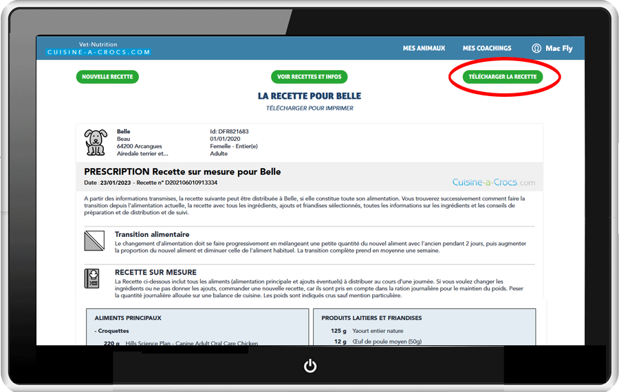 télécharger votre recette sur mesure pour chien ou chat